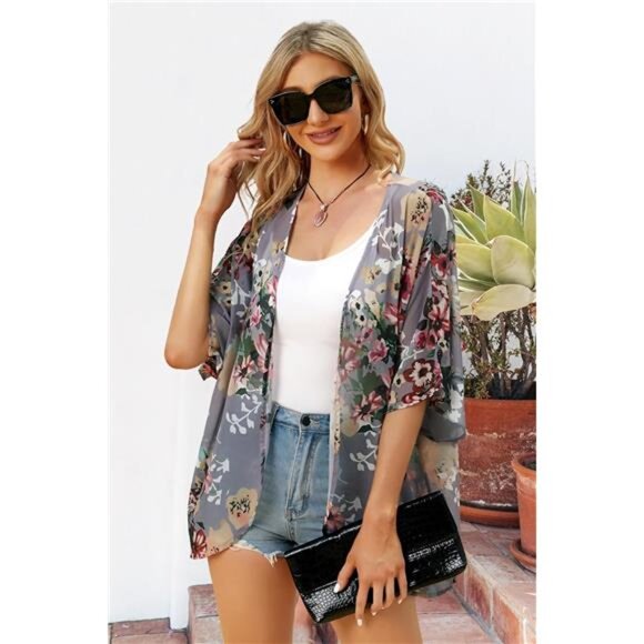 Women's Floral Print Puff Sleeve Kimono Cardigan Loose Cover Up Casual Blouse - Picture 3 of 7